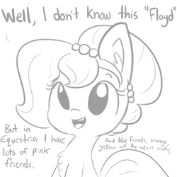 Size: 1650x1650 | Tagged: safe, artist:tjpones, oc, oc only, oc:brownie bun, earth pony, pony, horse wife, chest fluff, dialogue, ear fluff, grayscale, monochrome, pink floyd, simple background, solo, white background