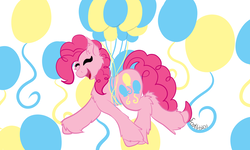Size: 1024x614 | Tagged: safe, artist:pokewolf-padilla, pinkie pie, earth pony, pony, g4, balloon, eyes closed, female, floating, happy, solo, then watch her balloons lift her up to the sky
