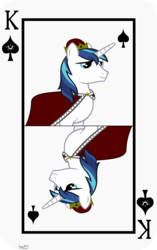 Size: 3809x6062 | Tagged: safe, artist:ironm17, shining armor, pony, unicorn, g4, cape, card, clothes, crown, jewelry, king of spades, male, playing card, regalia, smiling, solo, stallion, vector