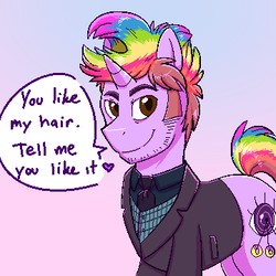 Size: 360x360 | Tagged: safe, artist:deyogee, pony, clothes, crossover, dialogue, facial hair, jessica jones, kilgrave, looking at you, ponified, rainbow hair, solo