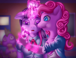 Size: 2986x2295 | Tagged: safe, artist:generalecchi, pinkie pie, spike, twilight sparkle, dragon, anthro, g4, clothes, equestria girls outfit, glowing horn, high res, horn, magic, plushie, runes