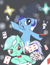 Size: 653x850 | Tagged: source needed, safe, artist:ehfkdl569, lyra heartstrings, minuette, pony, rabbit, unicorn, g4, bunny out of the hat, card, female, hat, magic trick, magic wand, mare, one eye closed, open mouth, wink