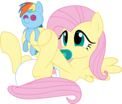 Size: 2479x2112 | Tagged: safe, artist:evilfrenzy, fluttershy, rainbow dash, pony, g4, adult foal, cute, diaper, diaper fetish, diapershy, female, fetish, high res, implied flutterdash, implied lesbian, implied shipping, non-baby in diaper, pacifier, plushie, show accurate, shyabetes, simple background, trace, transparent background, vector