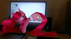 Size: 1024x570 | Tagged: safe, artist:clefficia, pinkie pie, earth pony, pony, g4, breaking the fourth wall, computer, female, hair over one eye, long hair, long mane, long tail, mare, pinkamena diane pie, smiling, solo