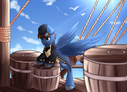 Size: 1678x1219 | Tagged: safe, artist:airiniblock, oc, oc only, oc:seaward skies, pegasus, pony, rcf community, bipedal, bipedal leaning, clothes, goggles, hat, leaning, male, navy, ship, solo, uniform, wings