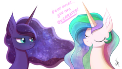Size: 3840x2160 | Tagged: safe, artist:zidanemina, princess celestia, princess luna, alicorn, pony, g4, dialogue, eyes closed, female, high res, mare, missing accessory, royal sisters, simple background, sisters, smiling