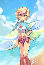 Size: 567x839 | Tagged: safe, artist:sibashen, applejack, equestria girls, g4, my little pony equestria girls: better together, beach, beach adventures, clothes, cloud, cute, equestria girls minis, female, jackabetes, ocean, shorts, sky, solo, surfboard, surfing