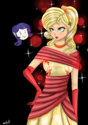 Size: 1024x1453 | Tagged: safe, artist:mdeltar, applejack, rarity, human, g4, alternate hairstyle, and then there's rarity, applejack also dresses in style, applejack is not amused, blushing, chibi, clothes, dress, elf ears, evening gloves, fancy, feminization, flower, gloves, happy, humanized, lipstick, long gloves, makeup, rose, sparkles, unamused