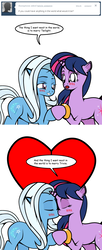 Size: 488x1197 | Tagged: safe, artist:dekomaru, trixie, twilight sparkle, tumblr:ask twixie, g4, ask, female, heart, kissing, lesbian, ship:twixie, shipping, tumblr