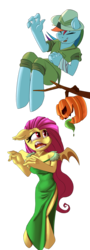 Size: 900x2500 | Tagged: safe, artist:passigcamel, fluttershy, rainbow dash, bat pony, anthro, unguligrade anthro, g4, anatomically incorrect, clothes, costume, dress, eyes closed, female, flutterbat, halloween, hat, holiday, incorrect leg anatomy, jack-o-lantern, laughing, mare, open mouth, pumpkin, race swap, scared, simple background, smiling, transparent background