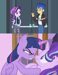 Size: 746x963 | Tagged: safe, artist:themexicanpunisher, edit, edited screencap, screencap, flash sentry, starlight glimmer, twilight sparkle, alicorn, unicorn, a royal problem, equestria girls, g4, angry, female, jealous, male, meme, ship:flashlight, shipping, shipping denied, straight, twilight sparkle (alicorn)