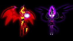 Size: 1024x576 | Tagged: safe, artist:darkmaster434, sunset shimmer, twilight sparkle, equestria girls, g4, 3d, black background, equestria's monster girls, female, midnight sparkle, midnightsatan, powerful, simple background, sunset satan