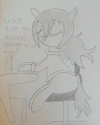 Size: 647x814 | Tagged: artist needed, safe, oc, oc only, oc:floor bored, earth pony, pony, clothes, cute, dialogue, female, hoodie, mare, monochrome, simple background, sitting, solo, white background