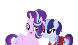 Size: 3036x1773 | Tagged: safe, artist:galaxy-mane, starlight glimmer, oc, oc:aurora light, alicorn, pony, unicorn, g4, alicornified, equal cutie mark, female, looking at each other, magical lesbian spawn, mother and daughter, offspring, parent:starlight glimmer, parent:twilight sparkle, parents:twistarlight, race swap, simple background, smiling, transparent background