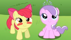 Size: 1191x670 | Tagged: safe, artist:ktd1993, apple bloom, diamond tiara, earth pony, pony, g4, blush sticker, blushing, female, filly, lesbian, ship:diamondbloom, shipping