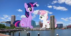 Size: 2925x1500 | Tagged: safe, artist:reginault, artist:slb94, artist:theotterpony, sweetie belle, twilight sparkle, alicorn, pony, g4, baltimare, baltimore, city, giant pony, highrise ponies, irl, macro, maryland, mega twilight sparkle, open mouth, photo, ponies in real life, raised hoof, sitting, story in the source, twilight sparkle (alicorn)