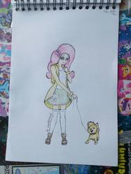 Size: 966x1288 | Tagged: safe, artist:marta4708, fluttershy, dog, equestria girls, g4, backpack, female, photo, solo, traditional art