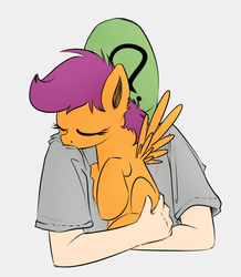 Size: 609x697 | Tagged: safe, artist:xioade, color edit, edit, scootaloo, oc, oc:anon, human, pegasus, pony, blank flank, carrying, colored, cuddling, cute, cutealoo, eyes closed, female, filly, holding a pony, hug, human on pony snuggling, scootalove, simple background, snuggling, spread wings, weapons-grade cute, wings