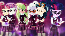 Size: 1600x900 | Tagged: safe, artist:sailortrekkie92, indigo zap, lemon zest, sci-twi, sour sweet, sugarcoat, sunny flare, twilight sparkle, equestria girls, g4, my little pony equestria girls: friendship games, shadow six, wallpaper