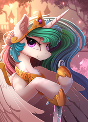 Size: 1600x2225 | Tagged: safe, artist:yakovlev-vad, princess celestia, alicorn, pony, g4, crown, female, flower petals, hoof shoes, horn, looking at you, mare, peytral, princess shoes, regalia, smiling, smiling at you, solo, sword, tree, weapon, wings