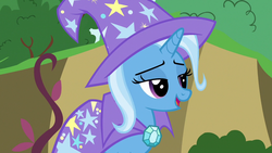 Size: 1280x720 | Tagged: safe, screencap, trixie, pony, unicorn, g4, to change a changeling, cape, clothes, female, hat, lidded eyes, mare, open mouth, solo, trixie's cape, trixie's hat