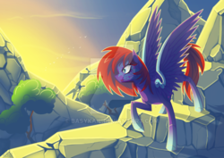 Size: 800x566 | Tagged: safe, artist:basykail, oc, oc only, pegasus, pony, female, mare, mountain, rock, solo, sunrise, tree, watermark