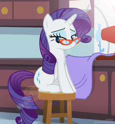 Size: 2483x2687 | Tagged: safe, artist:shutterflyeqd, rarity, pony, unicorn, g4, cute, eyeshadow, fabric, female, glasses, high res, lens flare, lidded eyes, looking at you, makeup, mare, raribetes, rarity day, sewing machine, sitting, smiling, solo, stool