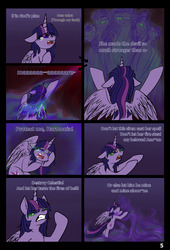 Size: 3761x5516 | Tagged: safe, artist:duop-qoub, applejack, fluttershy, pinkie pie, rainbow dash, rarity, twilight sparkle, alicorn, pony, comic:twilight's descent, descended twilight, g4, angry, comic, crying, dark magic, floppy ears, hellfire, implied princess celestia, looking down, looking up, magic, teary eyes, the hunchback of notre dame, twilight sparkle (alicorn)