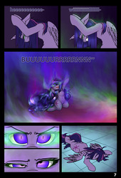 Size: 3761x5516 | Tagged: safe, artist:duop-qoub, twilight sparkle, alicorn, pony, comic:twilight's descent, descended twilight, g4, angry, comic, crying, dark magic, faceplant, female, floppy ears, hellfire, looking up, magic, mare, messy mane, solo, the hunchback of notre dame, twilight sparkle (alicorn)