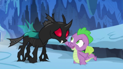 Size: 1280x720 | Tagged: safe, artist:rememberstar, edit, edited screencap, screencap, spike, thorax, changeling, dragon, g4, the times they are a changeling, barb, dragoness, duo, female, mesosoma, red eyes, rule 63
