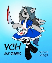 Size: 822x1000 | Tagged: safe, artist:drawsyraccoon, advertisement, alice: madness returns, bipedal, blood, clothes, commission, dress, knife, your character here