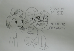 Size: 1868x1276 | Tagged: safe, artist:tjpones, sci-twi, sunset shimmer, twilight sparkle, pony, unicorn, series:sciset diary, equestria girls, g4, chest fluff, crying, dialogue, duo, ear fluff, equestria girls ponified, female, glasses, grayscale, lesbian, monochrome, mood swing, ponified, preglight sparkle, pregnant, ship:sci-twishimmer, ship:sunsetsparkle, shipping, sitting, traditional art, twilighting, unicorn sci-twi