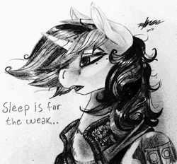 Size: 2632x2442 | Tagged: safe, artist:brainiac, oc, oc only, oc:blackjack, pony, unicorn, fallout equestria, fallout equestria: project horizons, black and white, chest fluff, clothes, female, grayscale, high res, mare, monochrome, solo, text, traditional art