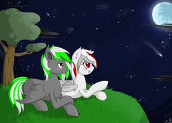 Size: 3080x2200 | Tagged: safe, artist:violentdreamsofmine, oc, oc only, oc:blazing flash, oc:dashi beats, pony, female, high res, male, mare, moon, night, prone, shooting star, stallion, tree