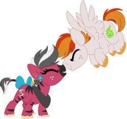 Size: 1024x959 | Tagged: safe, artist:kellythedrawinguni, oc, oc only, oc:firenvy, oc:sciggles, pegasus, pony, zebra, bow, chibi, female, horse collar, male, nuzzling, simple background, stallion, tail bow, transparent background, zebra oc