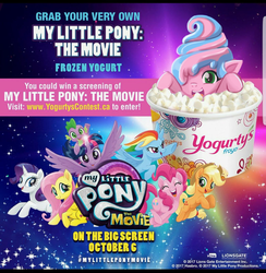 Size: 1170x1200 | Tagged: safe, artist:lumineko, edit, applejack, fluttershy, pinkie pie, rainbow dash, rarity, spike, twilight sparkle, oc, oc:yogurty, alicorn, dragon, food pony, original species, pony, g4, my little pony: the movie, advertisement, food, froyo, frozen yogurt, mane six, my little pony logo, twilight sparkle (alicorn), yogurt, yogurt pony