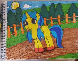 Size: 2048x1600 | Tagged: safe, artist:eubacta, oc, oc only, unnamed oc, alicorn, pony, alicorn oc, female, fence, filly, pigtails, solo, sun, traditional art, tree