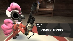 Size: 1360x768 | Tagged: safe, artist:thecrucifieddevil, pinkie pie, g4, 3d, crossover, flamethrower, gas mask, mask, pinkie pyro, pyro (tf2), team fortress 2, weapon