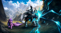 Size: 3638x2000 | Tagged: safe, artist:l1nkoln, twilight sparkle, oc, oc:sacred blade, alicorn, pegasus, pony, g4, clothes, cloud, commission, female, glowing eyes, glowing horn, high res, horn, lightning, male, mare, mountain, prone, protecting, scenery, sky, stallion, sword, twilight sparkle (alicorn), weapon