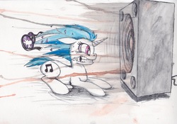 Size: 2301x1608 | Tagged: safe, artist:scribblepwn3, dj pon-3, vinyl scratch, pony, unicorn, g4, bass cannon, broken goggles, female, goggles, ink, solo, this will end in deafness, traditional art, watercolor painting