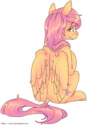 Size: 640x927 | Tagged: safe, artist:onylex, fluttershy, pegasus, pony, g4, blushing, female, looking back, mare, rear view, simple background, sitting, smiling, solo, transparent background