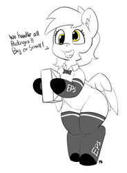 Size: 1280x1740 | Tagged: safe, artist:pabbley, derpy hooves, g4, 30 minute art challenge, bipedal, bowtie, clothes, cute, dialogue, female, mailmare, open mouth, package, partial color, socks, solo, uniform, wide hips