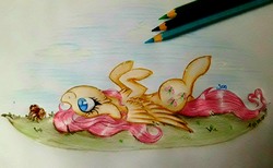 Size: 3778x2322 | Tagged: safe, artist:woonborg, fluttershy, pegasus, pony, spider, g4, cheek fluff, chest fluff, colored pencil drawing, cute, female, high res, mare, on back, shyabetes, signature, smiling, traditional art