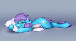 Size: 4867x2641 | Tagged: safe, alternate version, artist:mamachubs, oc, oc only, oc:roxy impelheart, cutie mark, lying down, on side, pillow, solo, tongue out, trans female, transgender