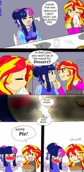 Size: 628x1280 | Tagged: safe, artist:fallenangel5414, sunset shimmer, twilight sparkle, human, g4, female, food, horn, horned humanization, humanized, lesbian, pie, pomf, ship:sunsetsparkle, shipping, spread wings, wingboner, winged humanization, wings
