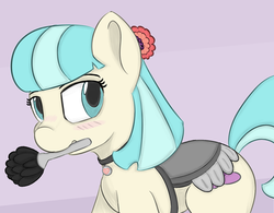 Size: 855x668 | Tagged: safe, artist:treekickerdraws, coco pommel, earth pony, pony, g4, blushing, clothes, cocobetes, collar, cute, female, maid, mare, mouth hold, saddle, solo, tack