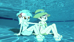 Size: 852x480 | Tagged: safe, artist:kevintoons915, artist:sb1991, part of a set, bon bon, lyra heartstrings, sweetie drops, equestria girls, g4, clothes, female, hat, lesbian, part of a series, sandals, ship:lyrabon, shipping, sitting, story included, swimming pool, swimsuit, underwater, underwater eqg series