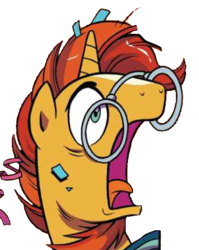 Size: 353x443 | Tagged: safe, artist:brenda hickey, edit, idw, sunburst, pony, g4, my little pony: legends of magic, spoiler:comic, background removed, bust, confetti, male, open mouth, simple background, solo, transparent background