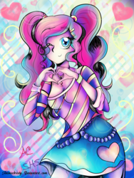 Size: 1024x1365 | Tagged: safe, artist:animechristy, pinkie pie, human, g4, breasts, clothes, cute, cutie mark, female, heart, heart hands, humanized, looking at you, one eye closed, pigtails, skirt, smiling, solo, twintails, wink