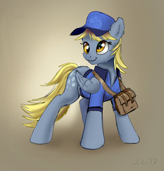 Size: 1500x1566 | Tagged: safe, artist:xbi, derpy hooves, pegasus, pony, g4, cap, clothes, female, gradient background, hat, mailbag, mailmare, mare, solo, uniform